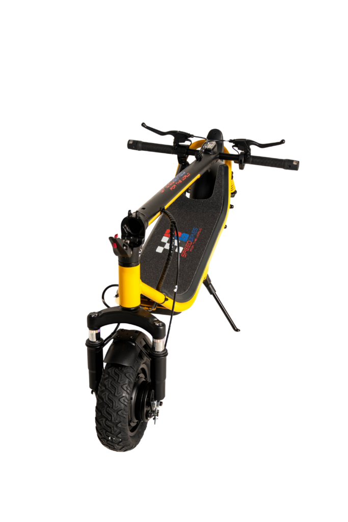 Speedbike electric scooter folded and leaning at an angle, cutout on transparent background